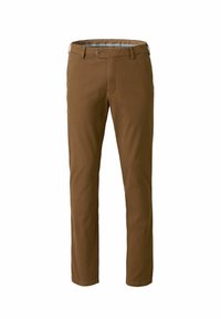 Brown straight-leg pants with button and zipper closure, belt loops, and side pockets on a white background.
