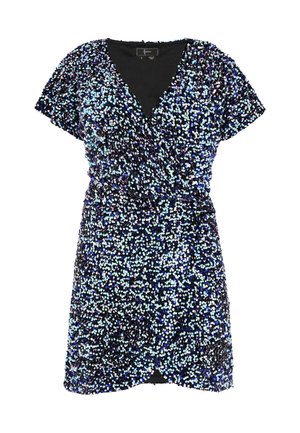 Rochie neagră, cu mâneci scurte, acoperită cu paiete irizate în nuanțe de albastru și mov, având un decolteu în V și un tiv evazat.