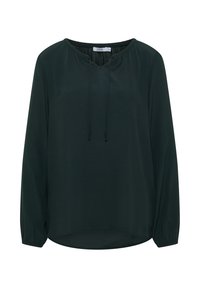 Blusa manica lunga verde scuro con scollatura a V, polsini elasticizzati e dettaglio con cordoncino al collo. Tessuto leggero e morbido.