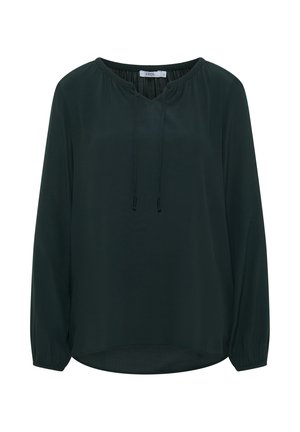 Donkergroene blouse met lange mouwen, V-hals, elastische manchetten en een trekkoorddetail bij de hals. Soepele, lichte stof.