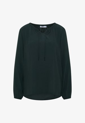 Blusa de manga larga verde oscuro con escote en V, puños elásticos y un detalle de cordón en el cuello. Tejido liso y ligero.
