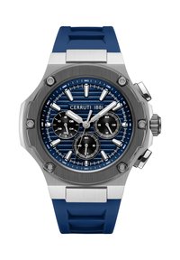 Orologio con cinturino in silicone blu e cassa in acciaio inossidabile, quadrante blu a trama, tre sottopannelli e dettagli argentati. Presenta indici delle ore in grassetto.