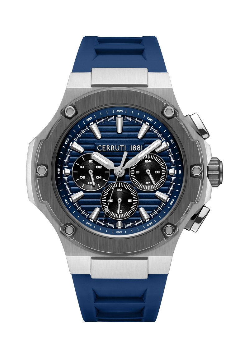 Orologio con cinturino in silicone blu e cassa in acciaio inossidabile, quadrante blu a trama, tre sottopannelli e dettagli argentati. Presenta indici delle ore in grassetto.