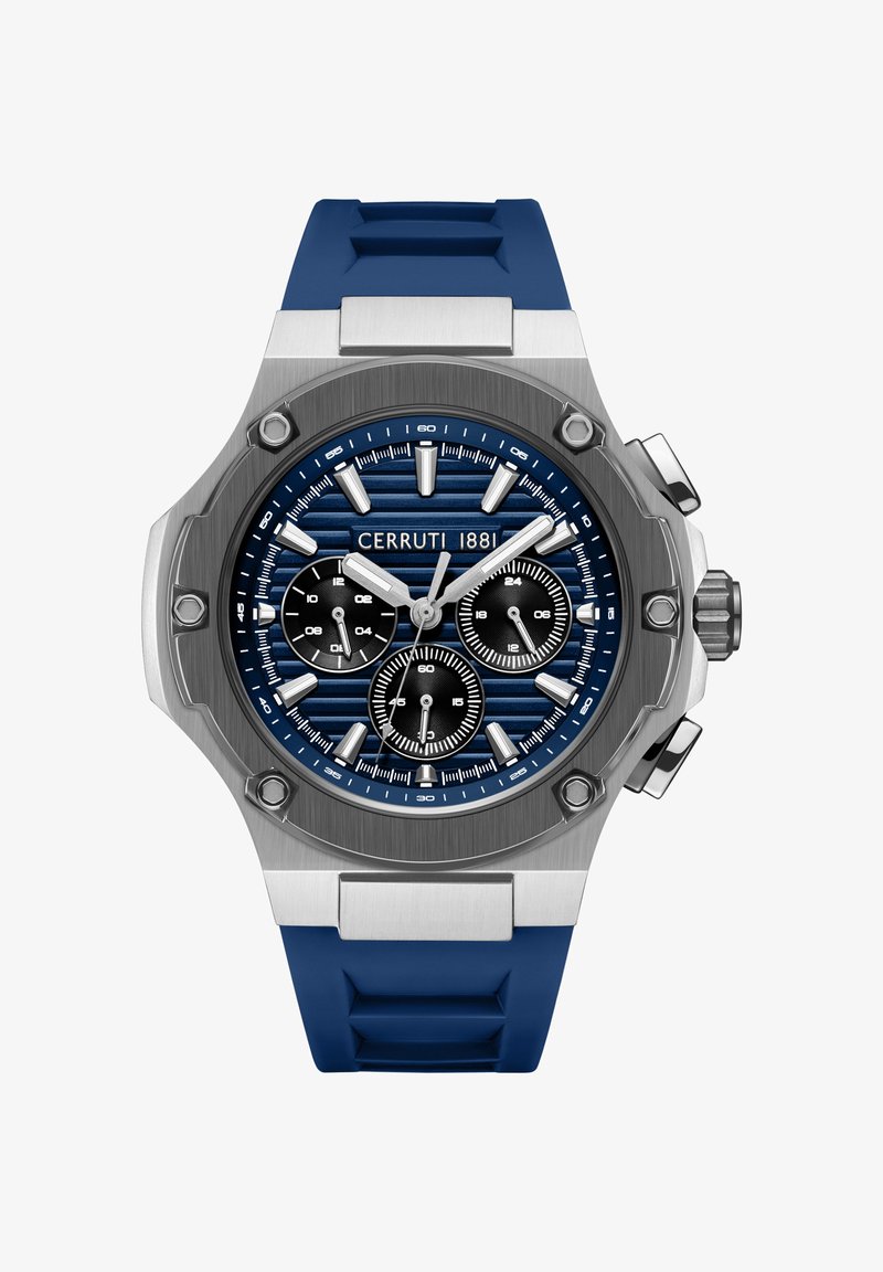 Orologio con cinturino in silicone blu e cassa in acciaio inossidabile, quadrante blu a trama, tre sottopannelli e dettagli argentati. Presenta indici delle ore in grassetto.