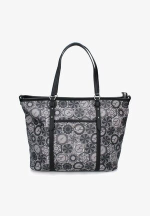 Torba na ramię w czarnym i szarym materiale z geometrycznymi wzorami i akcentami. Dwie czarne skórzane uchwyty oraz zapinana na zamek kieszeń z przodu.