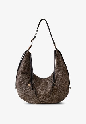 Ampia borsa a spalla nera e beige con motivo, dal finish morbido e texturizzato e spallacci in pelle regolabili. Presenta sottili dettagli metallici.