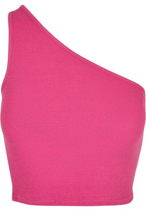 Asymetrický zkrácený top z jasně růžového žebrovaného materiálu, který je navržen s jedním ramínkem a hladkým okrajem.