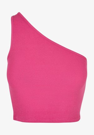 Asymmetrischer, verkürzter Top aus leuchtend pinkem Rippstoff, mit einem schulterfreien Design und glatten Kantenverzierungen.