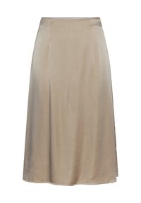 Gonna midi beige in un morbido tessuto satinato. Presenta plissettature e una silhouette leggermente svasata con un orlo che arriva sotto il ginocchio.