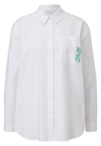White cotton button-up shirt with long sleeves, pointed collar, chest pocket, and a light blue embroidered design on the pocket.