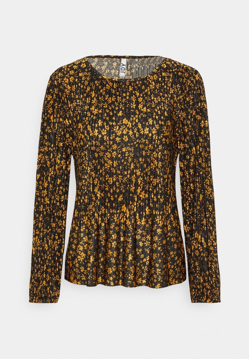 Schwarze Bluse mit langen Ärmeln, die ein gelbes Blumenmuster aufweist, mit plissierter Textur und rundem Ausschnitt.