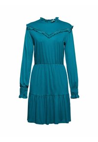 Vestido longo de mangas compridas em verde-água, feito de tecido suave, com um decote franzido e punhos elásticos, apresentando um design de saia em camadas.