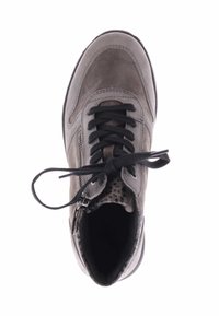 Gray suede sneaker featuring black laces, a side zipper, and a textured interior lining. The outsole is rubber with a rounded toe design.