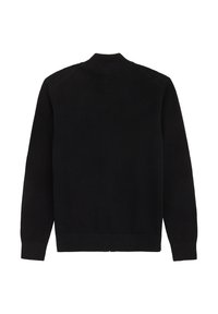 Svart stickad cardigan med texturerad yta, med hög krage, långa ärmar och ribbade kanter. Enkel, enfärgad design.