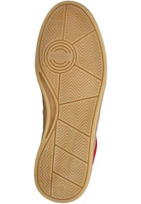 Semelle de sneaker en caoutchouc avec un motif en zigzag, couleur beige, arborant un logo circulaire et un marquage de taille "42." Accent latéral en rouge.