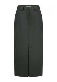 Grijze pinstripe pencil skirt met een rechte pasvorm, hoge taille, sluiting met knopen aan de voorkant en een split voor gemak van beweging. Textuurstof afwerking.