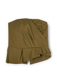 Top in tessuto plissettato verde oliva con scollatura asimmetrica e rouches sovrapposte lungo l'orlo. Texture liscia, design strutturato.