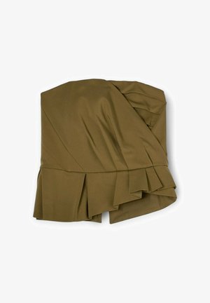 Olijfgroene, geplooide stoffen top met asymmetrische halslijn en gelaagde rand aan de onderkant. Glad textuur, gestructureerd ontwerp.