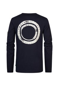 Maglietta a maniche lunghe blu navy in cotone, con una grande grafica circolare con testo sul retro e un piccolo logo sulla manica sinistra.