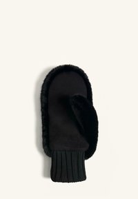 Zwarte wanten gemaakt van zachte stof met een pluizige, zachte rand en een geribbelde gebreide boord voor extra warmte en comfort.