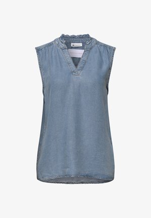 Mouwloze lichtblauwe denim blouse met een gerimpelde kraag en V-hals, losse pasvorm en licht gebogen zoom.