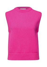 Gilet sans manches en tricot rose vif avec encolure ronde et ourlet côtelés, fabriqué en tissu doux.