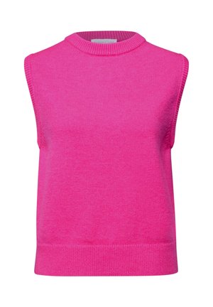 Chaleco de punto sin mangas de color rosa brillante con cuello redondo y dobladillo acanalados, hecho de tela suave.