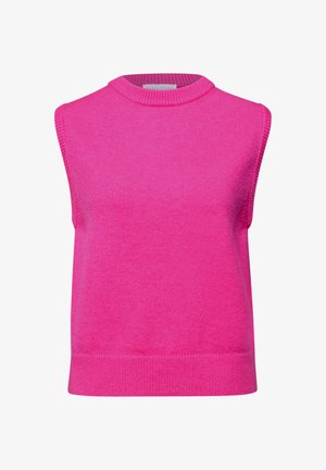 Helderroze mouwloos gebreid spencershirt met geribde ronde hals en zoom, gemaakt van zacht materiaal.