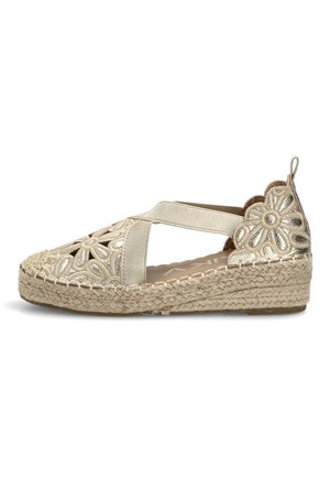 Sandalia cuña esparto beige con diseño floral troquelado, tiras cruzadas elásticas y suela trenzada de yute.