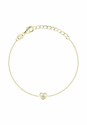 Delikat guld kædearmbånd med justerbare led, der har et lille hjerteformet charm med en enkelt klar ædelsten.