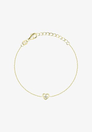 Delicata bracciale in oro con maglie regolabili, caratterizzato da un piccolo ciondolo a forma di cuore che tiene una singola pietra preziosa trasparente.