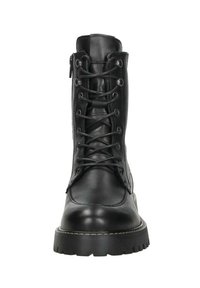 Zwarte leren veterschoenen met een voorrits, gevoerd kraagje en rubberen profielzool. Heeft een gladde afwerking en contrasterende stiksels.