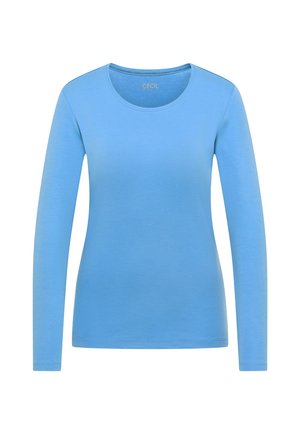 Světle modrá slim fit dlouhá rukáv košile s kulatým výstřihem, jednoduchý design a jemný šev na lemování a manžetách.