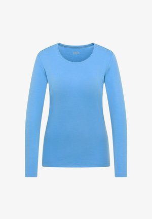 Jasnoniebieska dopasowana koszula z długim rękawem, okrągłym dekoltem, gładkim wzorem oraz subtelnym wykończeniem na dole i przy mankietach.