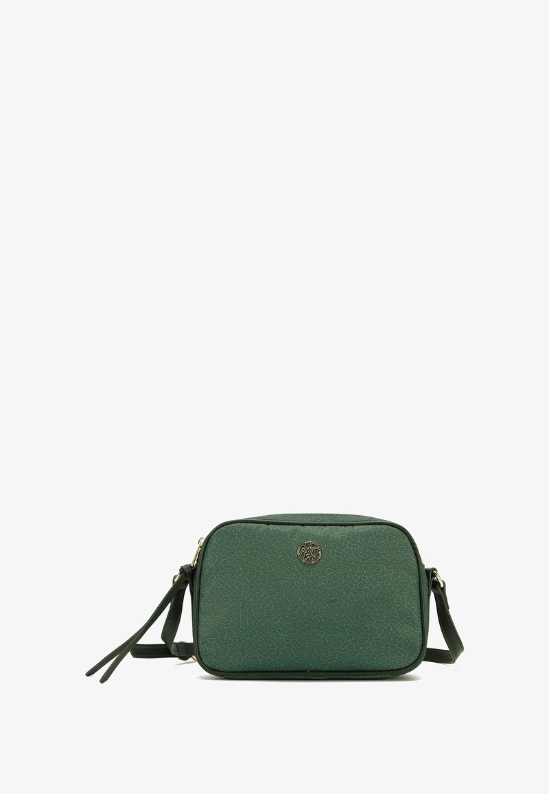 Borsa a tracolla verde dalla texture, forma rettangolare, con hardware in tonalità oro e un accent logo sul frontale. Presenta una tracolla removibile.
