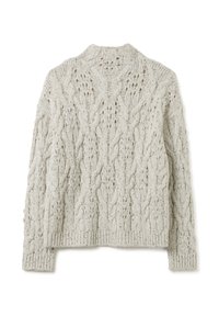 Pull en maille torsadée gris clair avec un motif texturé, des poignets et un col côtelés. Il présente une coupe ample et décontractée ainsi qu'un design en maille ouverte.