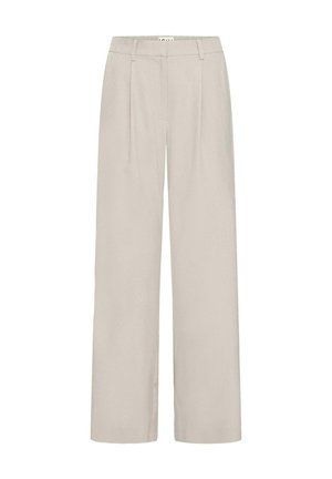 Light beige wide-leg trousers with a high waist, featuring two front pleats, belt loops, and a smooth texture.