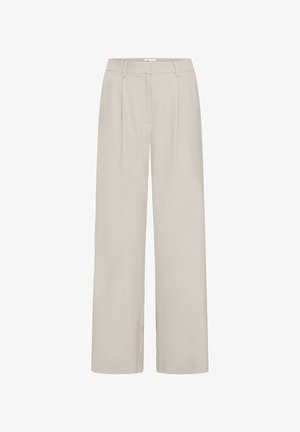 Valged beežid laiad püksid kõrge vöökohaga, millel on kaks esiosa voldikuid, vööaasad ja sile tekstuur.