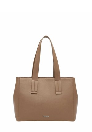 Brown leather tote bag with two long handles and a small silver brand logo on the lower center front.