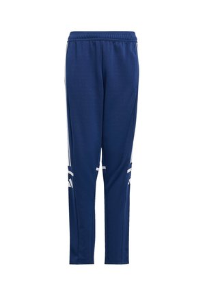 Pantalones deportivos azul marino con franjas blancas en los lados y cintura elástica, piernas estrechas y un logotipo de marca deportiva cerca de las rodillas.