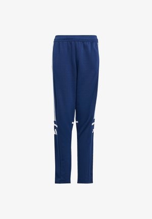 Navy blue athletic pants with white side stripes and an elastic waistband, tapered legs, and a sports brand logo near the knees.