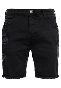 Czarne szorty dżinsowe z postrzępionym dołem, z wystrzępionymi łatami na przodzie. Zapięcie na guziki i tradycyjny pięciokieszeniowy fason.