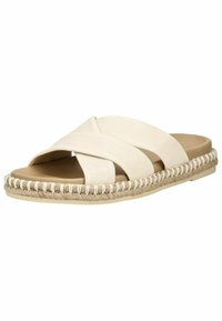 Sandale beige à enfiler avec larges brides croisées et détails de semelle en jute tressée.