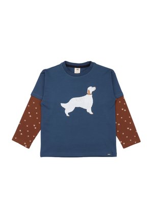 Blue short-sleeve shirt with brown patterned long sleeves. Features a white dog graphic on the front. Soft cotton fabric, relaxed fit.