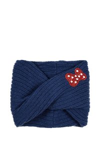 Fascia in maglia di colore navy con design intrecciato e un accento a forma di farfalla rossa glitterata con perline bianche. Tessuto morbido e materiale elastico.