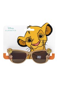 Occhiali da sole a tema Disney con lenti marroni, montatura in plastica beige, caratterizzati da personaggi dei cartoni animati sulle astine e un'imballaggio colorato a tema animale.