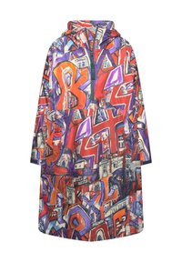 Värikäs huppuk raincoat, jossa on eloisa graffitikuosi punaisena, purppuran ja sinisenä. Valmistettu kevyestä, vedenpitävästä kankaasta.