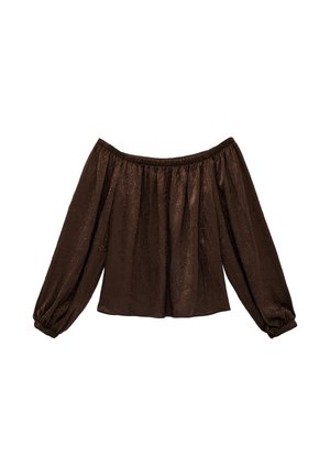 Braune Bluse mit schulterfreiem Ausschnitt, langen, gepufften Ärmeln und elastischem Hals- und Ärmelabschluss, gefertigt aus strukturiertem Stoff.