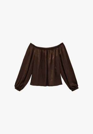 Bruine off-shoulder blouse met lange pofmouwen en elastische halslijn en manchetten, gemaakt van gestructureerde stof.