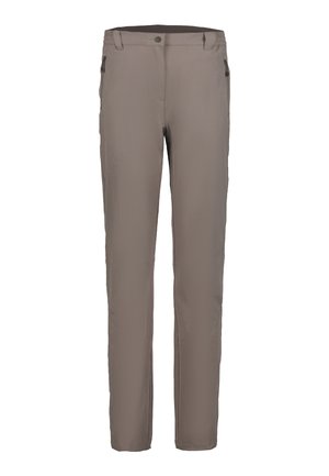 Spodnie o prostych nogawkach w kolorze taupe z szlufkami na pasek, przednim guzikiem, zamkiem błyskawicznym i zasuwanymi kieszeniami bocznymi, przedstawione na białym tle.